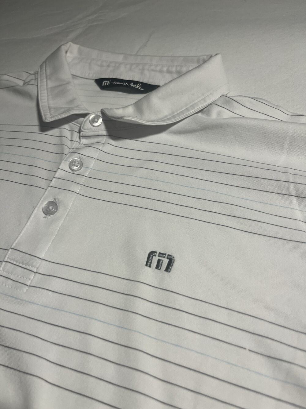 TravisMathew Men’s XL White Gray Striped Golf Polo Shirt Performance Stretch